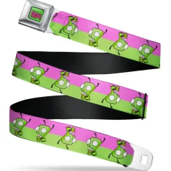 INVADER ZIM Title Logo Full Color Green/Pinks Seatbelt Belt - Invader Zim GIR Drinking Pose Stripe Purple/Green Webbing