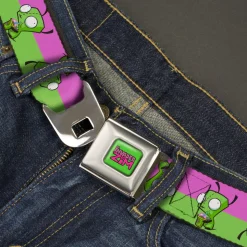 INVADER ZIM Title Logo Full Color Green/Pinks Seatbelt Belt - Invader Zim GIR Drinking Pose Stripe Purple/Green Webbing