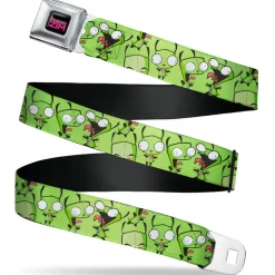 INVADER ZIM Title Logo Full Color Black/Pinks Seatbelt Belt - Invader Zim GIR Poses Scattered Greens Webbing