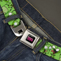 INVADER ZIM Title Logo Full Color Black/Pinks Seatbelt Belt - Invader Zim GIR Poses Scattered Greens Webbing