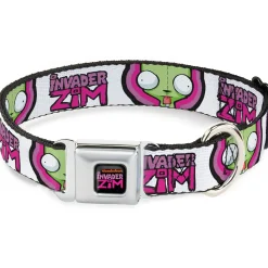 INVADER ZIM Title Logo Full Color Pink/Green Seatbelt Buckle Collar - INVADER ZIM Title Logo and GIR Pose Close-Up White/Pinks