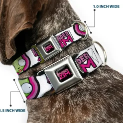 INVADER ZIM Title Logo Full Color Pink/Green Seatbelt Buckle Collar - INVADER ZIM Title Logo and GIR Pose Close-Up White/Pinks