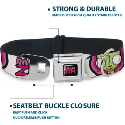 INVADER ZIM Title Logo Full Color Pink/Green Seatbelt Buckle Collar - INVADER ZIM Title Logo and GIR Pose Close-Up White/Pinks