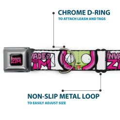 INVADER ZIM Title Logo Full Color Pink/Green Seatbelt Buckle Collar - INVADER ZIM Title Logo and GIR Pose Close-Up White/Pinks