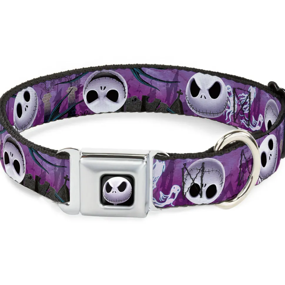 Jack Expression6 Full Color Seatbelt Buckle Collar - Jack Expressions/Ghosts in Cemetery Purples/Grays/White