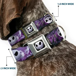 Jack Expression6 Full Color Seatbelt Buckle Collar - Jack Expressions/Ghosts in Cemetery Purples/Grays/White