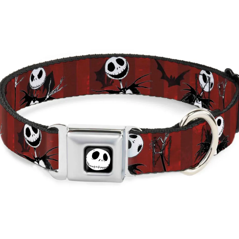 Jack Expression5 Full Color Seatbelt Buckle Collar - Nightmare Before Christmas Jack Poses/Bats Red Stripe