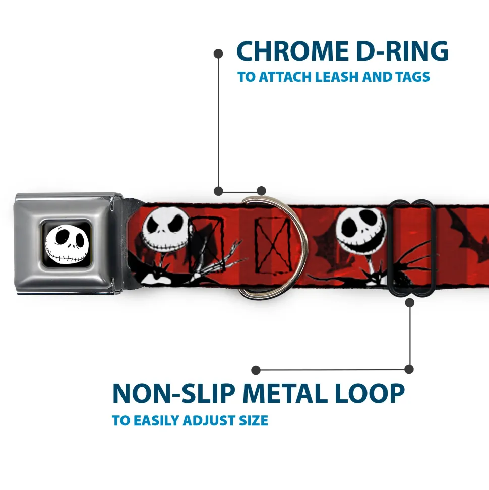Jack Expression5 Full Color Seatbelt Buckle Collar - Nightmare Before Christmas Jack Poses/Bats Red Stripe