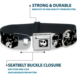 Jack Expressions/Bones Scattered Full Color Black/White Seatbelt Buckle Collar - Jack Expressions/Bones Scattered Black/White