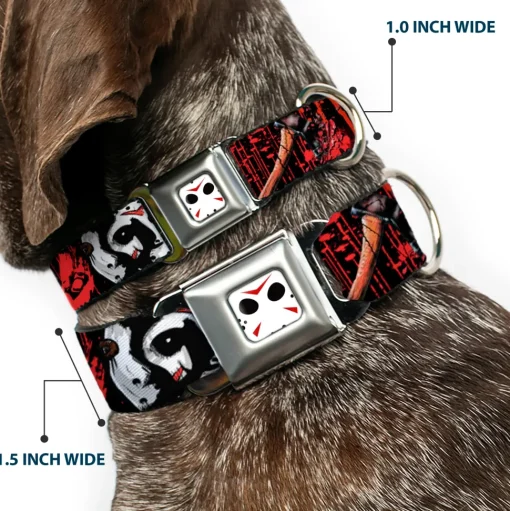 Jason Mask CLOSE-UP Full Color Black/White/Red Seatbelt Buckle Collar - FRIDAY THE 13th/Jason Mask4/Axe Blood Splatter Black/Red/White