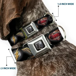 JL 2017 Badge Full Color Black/Grays Seatbelt Buckle Collar - Justice League 2017 6-Superhero Icons Black