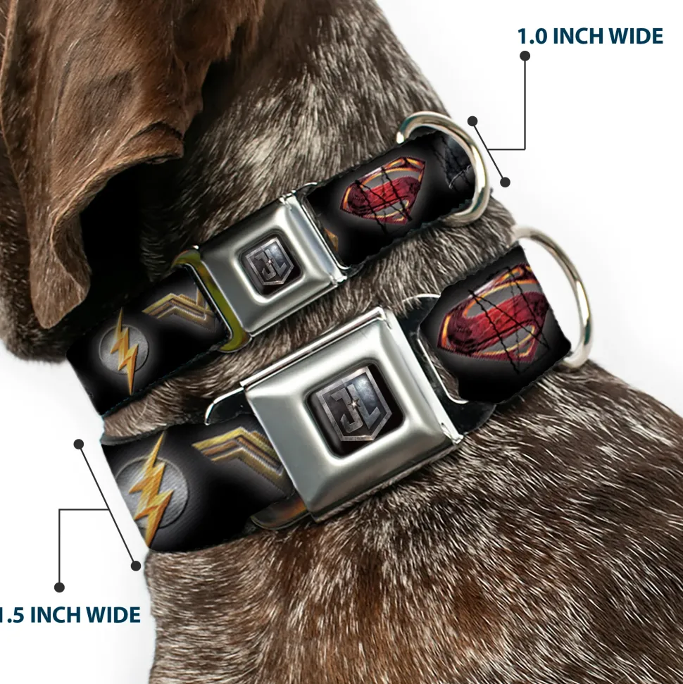 JL 2017 Badge Full Color Black/Grays Seatbelt Buckle Collar - Justice League 2017 6-Superhero Icons Black