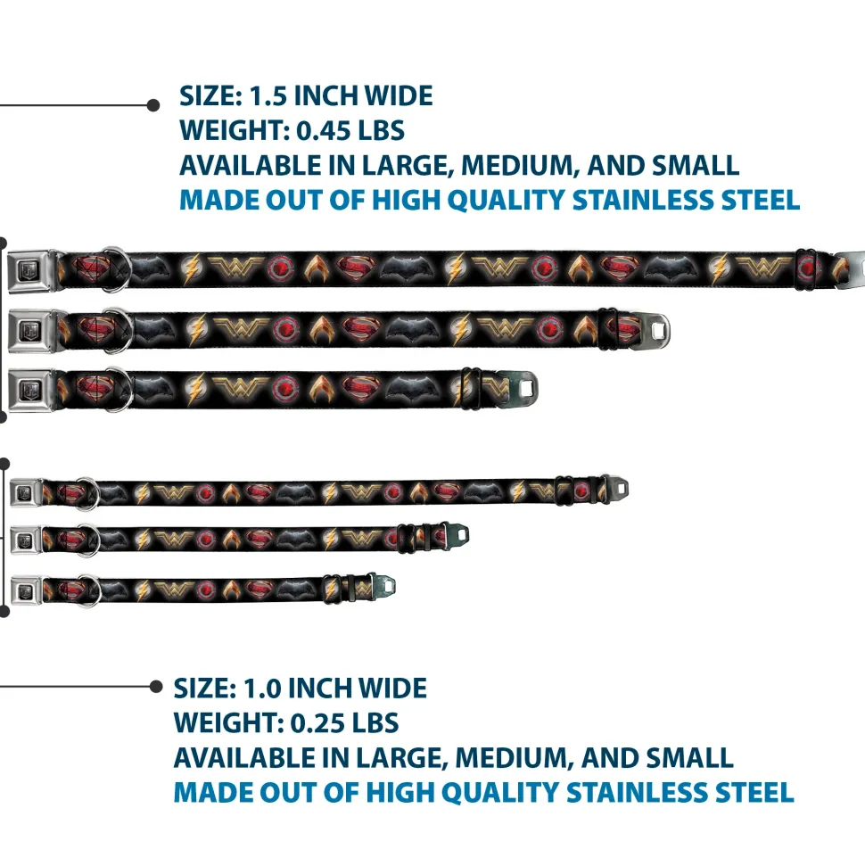 JL 2017 Badge Full Color Black/Grays Seatbelt Buckle Collar - Justice League 2017 6-Superhero Icons Black