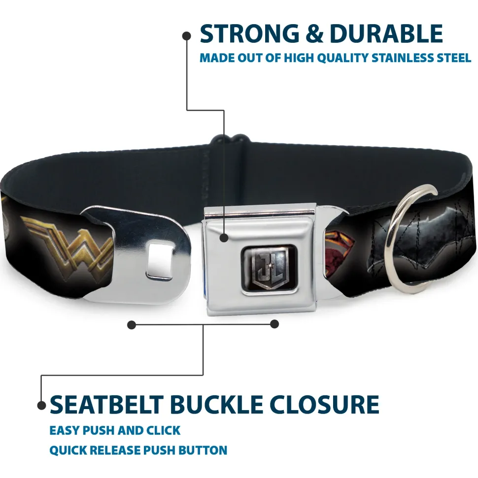 JL 2017 Badge Full Color Black/Grays Seatbelt Buckle Collar - Justice League 2017 6-Superhero Icons Black