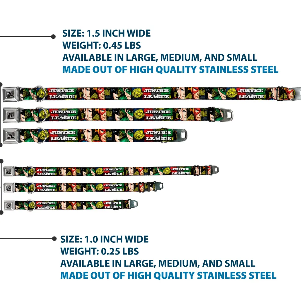 JL Logo Full Color Grays Black White Seatbelt Buckle Collar - JUSTICE LEAGUE Logo/4-Superhero Panels Pop Art