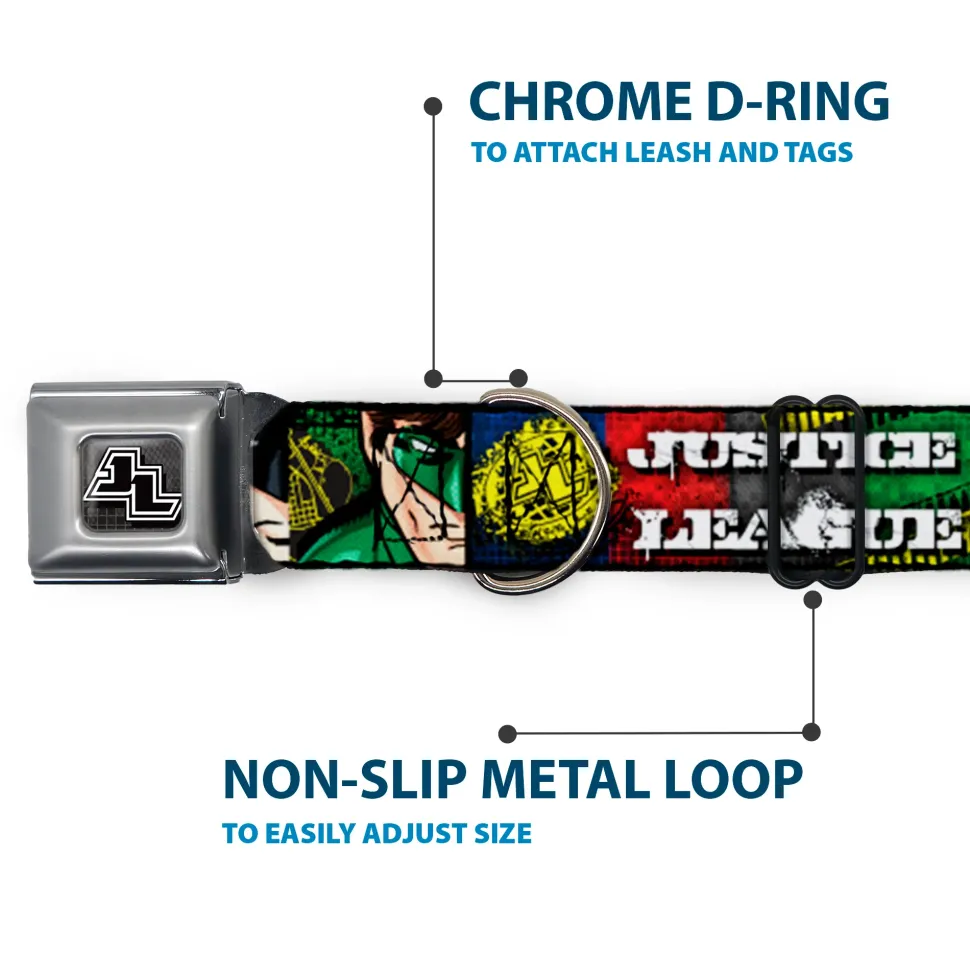 JL Logo Full Color Grays Black White Seatbelt Buckle Collar - JUSTICE LEAGUE Logo/4-Superhero Panels Pop Art