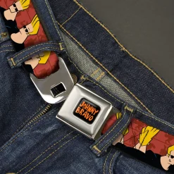 JOHNNY BRAVO Title Logo Full Color Black/Red Seatbelt Belt - Johnny Bravo Pose Turns Browns Webbing