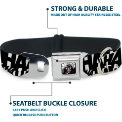 Joker The Killing Joke Holding Head Pose CLOSE-UP Full Color Seatbelt Buckle Collar - Joker's HA HA HA Repeat White/Black