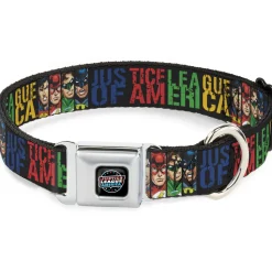 JUSTICE LEAGUE OF AMERICA Badge Black/White/Red/Blue Seatbelt Buckle Collar - JUSTICE LEAGUE OF AMERICA w/Superhero Blocks Black/Multi Color