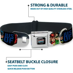 JUSTICE LEAGUE OF AMERICA Badge Black/White/Red/Blue Seatbelt Buckle Collar - JUSTICE LEAGUE OF AMERICA w/Superhero Blocks Black/Multi Color