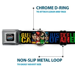 JUSTICE LEAGUE OF AMERICA Badge Black/White/Red/Blue Seatbelt Buckle Collar - JUSTICE LEAGUE OF AMERICA w/Superhero Blocks Black/Multi Color