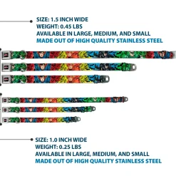 JUSTICE LEAGUE Star Logo Black/Silver-Fade/Red Seatbelt Buckle Collar - Justice League New 52 4-Superhero Poses/Scattered Logos Multi Color/Black