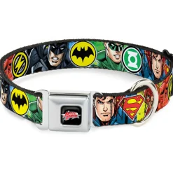 JUSTICE LEAGUE Star Logo Black/Silver-Fade/Red Seatbelt Buckle Collar - Justice League 4-Superhero CLOSE-UP Poses/Logos