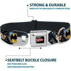 JUSTICE LEAGUE Star Logo Black/Silver-Fade/Red Seatbelt Buckle Collar - Justice League 4-Superhero CLOSE-UP Poses/Logos
