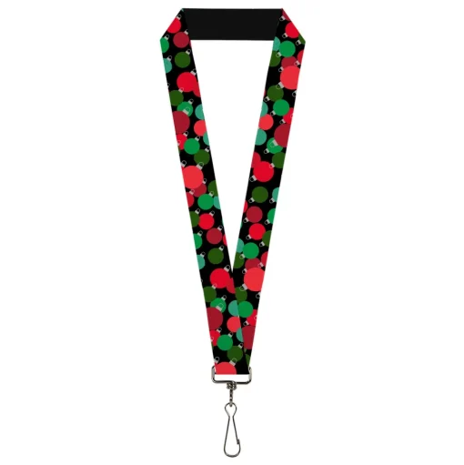 Lanyard - 1.0" - Christman Holiday Globe Ball Ornaments Stacked Black/Reds/Greens