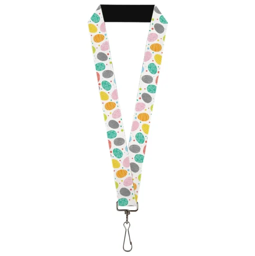 Lanyard - 1.0" - Easter Eggs Decorated Eggs Scattered White/Multi Color