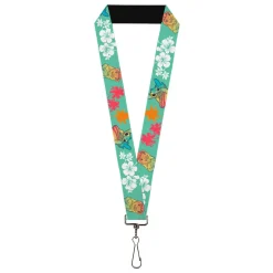 Lanyard - 1.0" - Lilo and Stitch Smiling Pose with Hibiscus and Palm Trees Light Green
