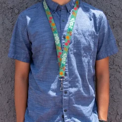 Lanyard - 1.0" - Lilo and Stitch Smiling Pose with Hibiscus and Palm Trees Light Green