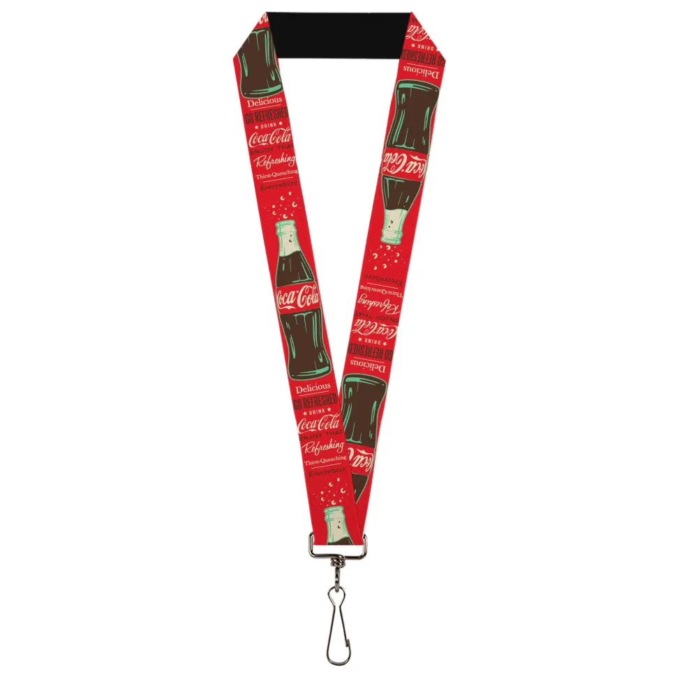 Lanyard - 1.0" - Vintage Coca-Cola DELICIOUS GO REFRESHED Typography and Bottle Red/Brown/White