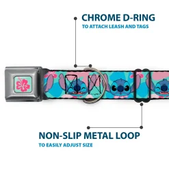 Lilo & Stitch Flower Full Color Blue/Pink Seatbelt Buckle Collar - Lilo & Stitch Stitch Expressions and Tropical Flowers Blues/Pinks