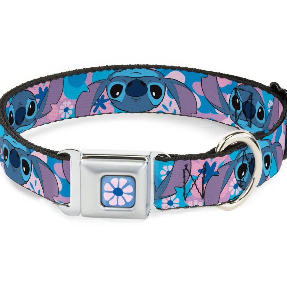 Lilo & Stitch Flower Full Color Blues/Pink Seatbelt Buckle Collar - Lilo & Stitch Stitch Flip Expressions Close-Up Blues/Pinks