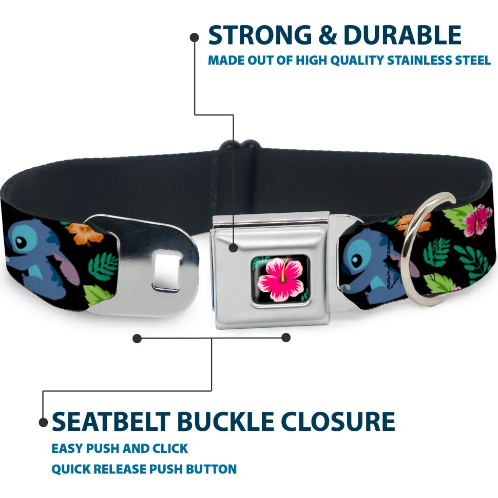 Lilo & Stitch Hibiscus Flower Full Color Black/Pink Seatbelt Buckle Collar - Stitch & Scrump Poses/Tropical Flora
