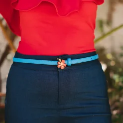 Lilo and Stitch Hibiscus Flower Enamel Cast Buckle - Shiny Blue Pebble PU Strap Belt