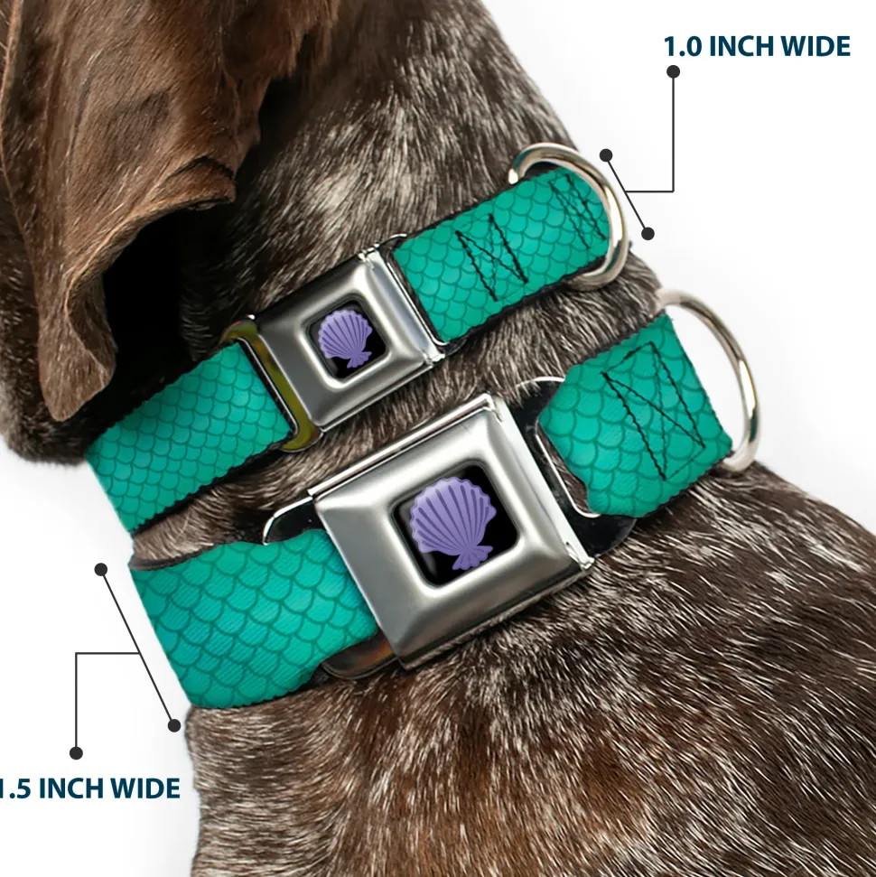 Little Mermaid Clam Shell Full Color Black/Purples Seatbelt Buckle Collar - Ariel's Scales Turquoise Blues