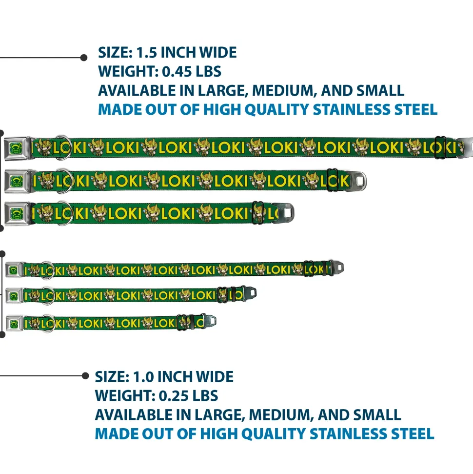 Loki Face Icon Full Color Yellow/Greens Seatbelt Buckle Collar - Kawaii LOKI Standing Pose/Text Green/Yellow