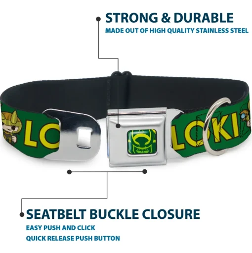 Loki Face Icon Full Color Yellow/Greens Seatbelt Buckle Collar - Kawaii LOKI Standing Pose/Text Green/Yellow