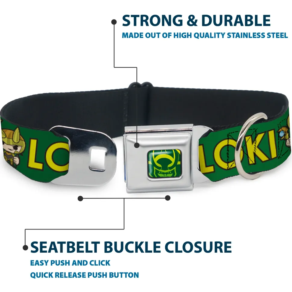 Loki Face Icon Full Color Yellow/Greens Seatbelt Buckle Collar - Kawaii LOKI Standing Pose/Text Green/Yellow