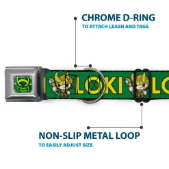 Loki Face Icon Full Color Yellow/Greens Seatbelt Buckle Collar - Kawaii LOKI Standing Pose/Text Green/Yellow