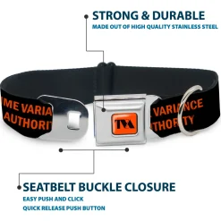Loki Series TVA Time Variance Authority Logo Full Color Orange/Black Seatbelt Buckle Collar - Loki Series TVA TIME VARIANCE AUTHORITY Text Black/Orange