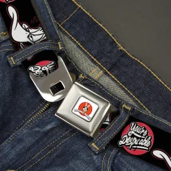 LOONEY TUNES Bullseye Title Logo Full Color White Seatbelt Belt - Looney Tunes Daffy Duck YOU'RE DESPICABLE Expression Black Webbing