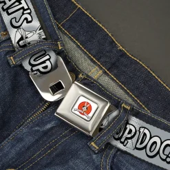 LOONEY TUNES Bullseye Title Logo Full Color White Seatbelt Belt - Bugs Bunny WHAT'S UP DOC? Pose and Text Grays Webbing