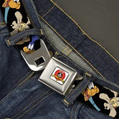 Looney Tunes Logo Full Color White Seatbelt Belt - Road Runner/Wile E. Coyote Expressions CLOSE-UP Black Webbing