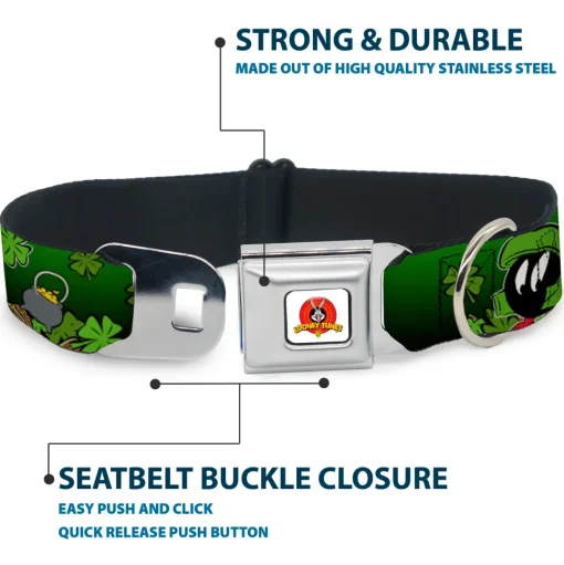 Looney Tunes Logo Full Color White Seatbelt Buckle Collar - Marvin the Martian & K-9 Poses/Clovers Greens