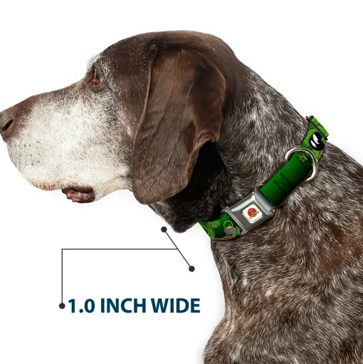 Looney Tunes Logo Full Color White Seatbelt Buckle Collar - Marvin the Martian & K-9 Poses/Clovers Greens