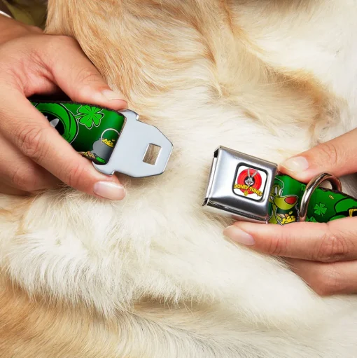 Looney Tunes Logo Full Color White Seatbelt Buckle Collar - Marvin the Martian & K-9 Poses/Clovers Greens