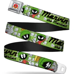Looney Tunes Logo Full Color White Seatbelt Belt - MARVIN THE MARTIAN w/Poses White/Green Webbing